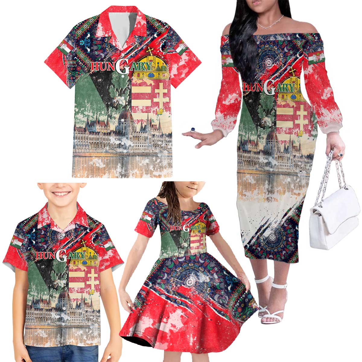 Hungary One Flag One Heart Family Matching Off The Shoulder Long Sleeve Dress and Hawaiian Shirt Heritage in Colors