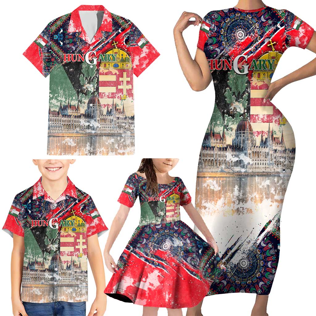 Hungary One Flag One Heart Family Matching Short Sleeve Bodycon Dress and Hawaiian Shirt Heritage in Colors
