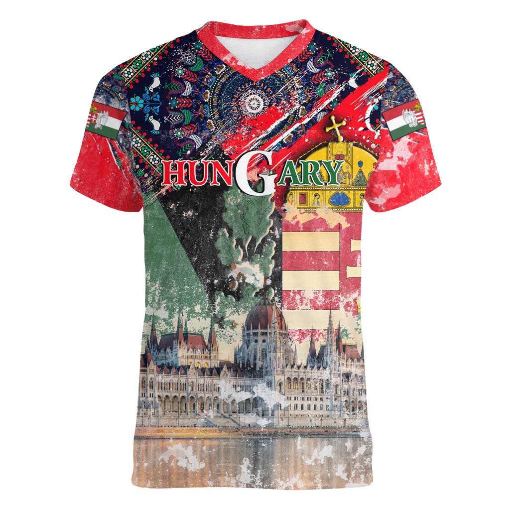 Hungary One Flag One Heart Women V-Neck T-Shirt Heritage in Colors