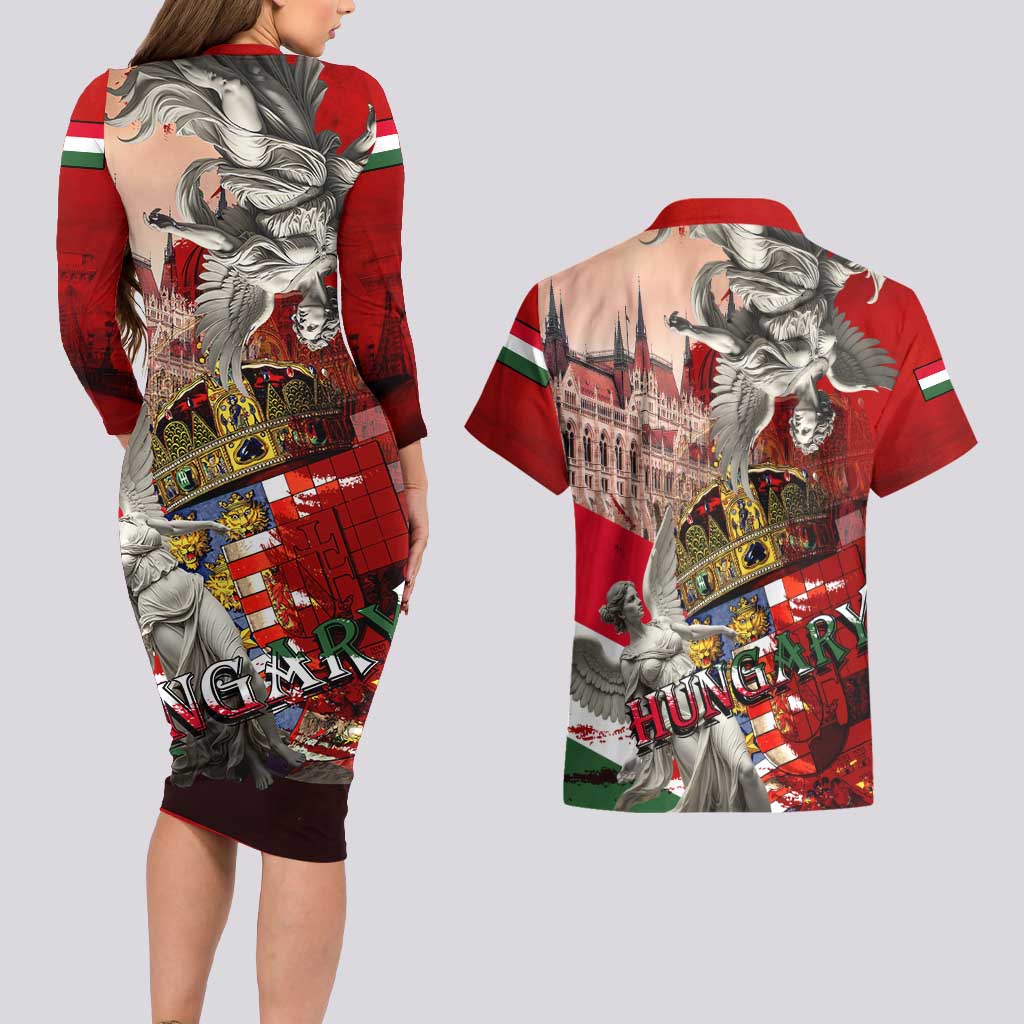 Hungary Couples Matching Long Sleeve Bodycon Dress and Hawaiian Shirt Crowned with History Guarded by Angels