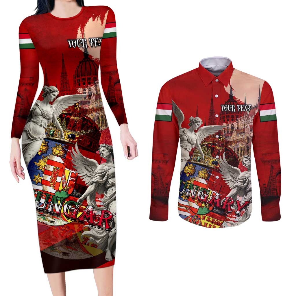 Hungary Couples Matching Long Sleeve Bodycon Dress and Long Sleeve Button Shirt Crowned with History Guarded by Angels