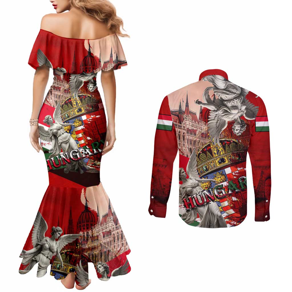Hungary Couples Matching Mermaid Dress and Long Sleeve Button Shirt Crowned with History Guarded by Angels