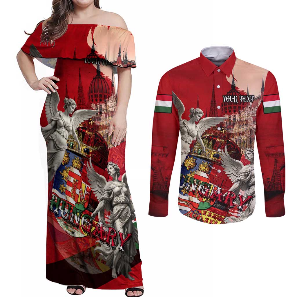 Hungary Couples Matching Off Shoulder Maxi Dress and Long Sleeve Button Shirt Crowned with History Guarded by Angels