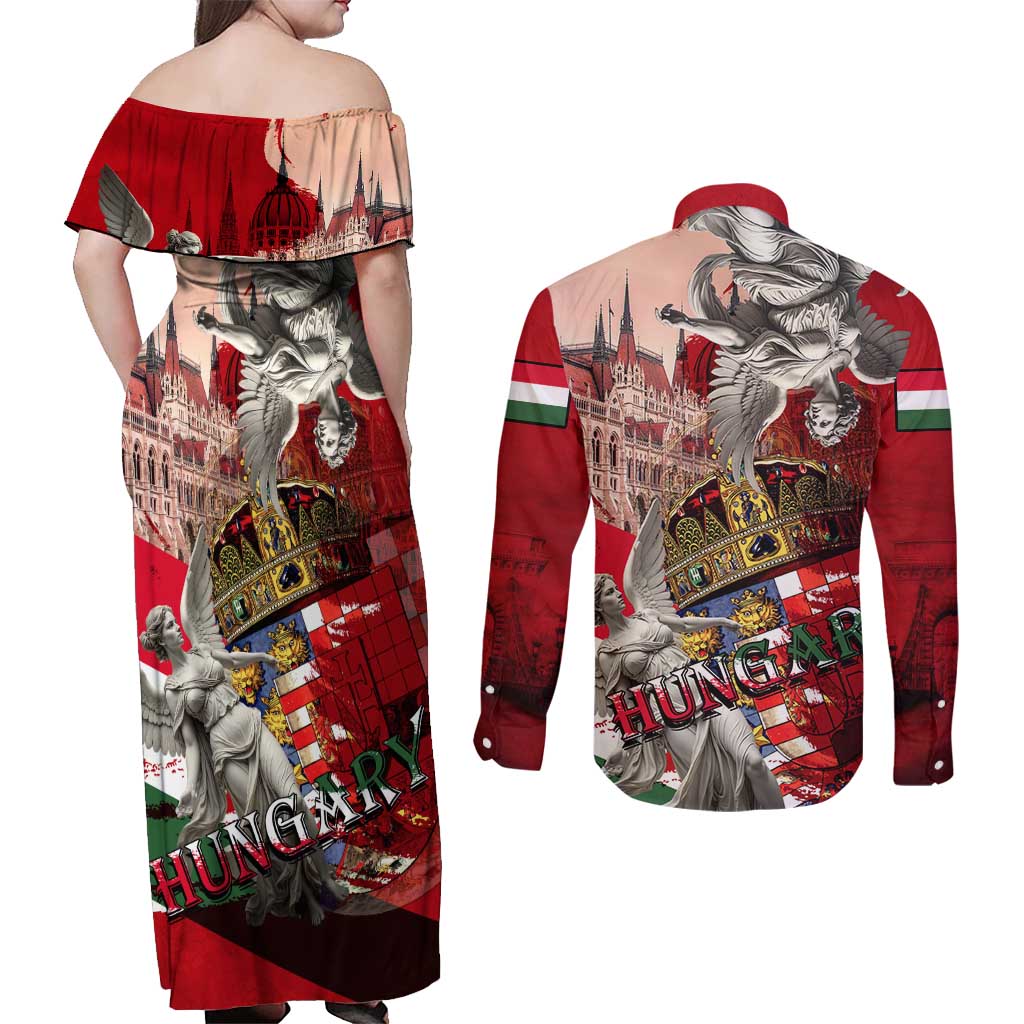 Hungary Couples Matching Off Shoulder Maxi Dress and Long Sleeve Button Shirt Crowned with History Guarded by Angels
