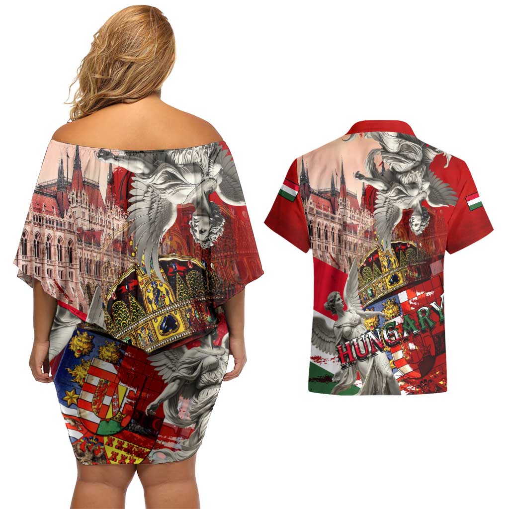 Hungary Couples Matching Off Shoulder Short Dress and Hawaiian Shirt Crowned with History Guarded by Angels