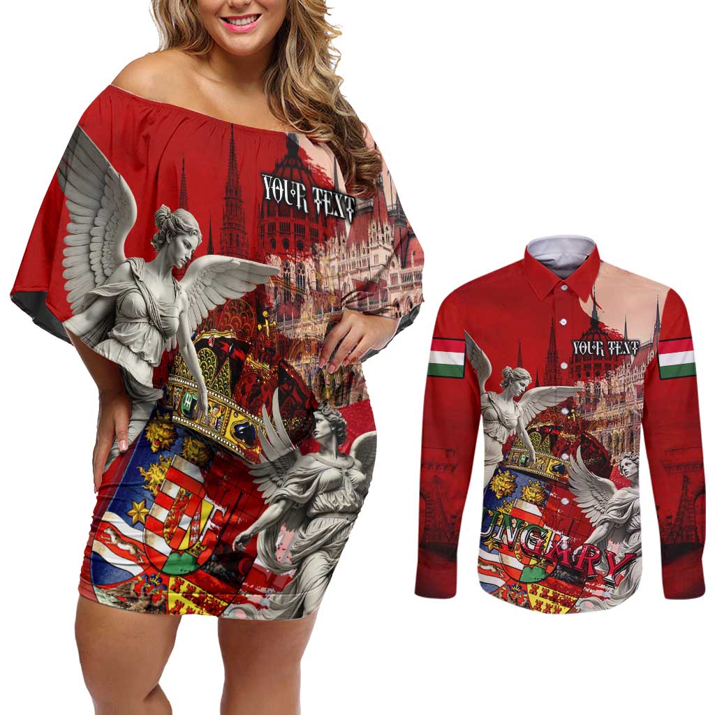 Hungary Couples Matching Off Shoulder Short Dress and Long Sleeve Button Shirt Crowned with History Guarded by Angels