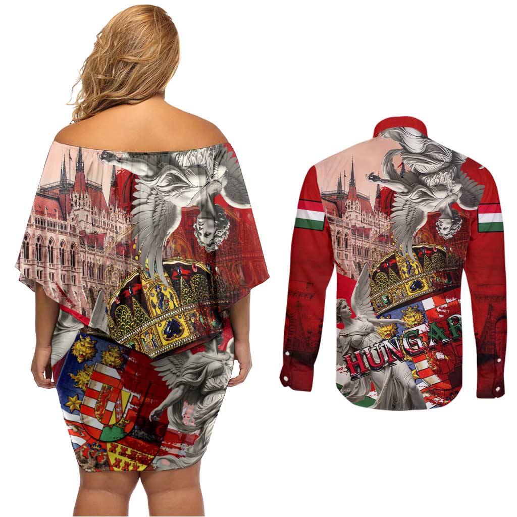 Hungary Couples Matching Off Shoulder Short Dress and Long Sleeve Button Shirt Crowned with History Guarded by Angels