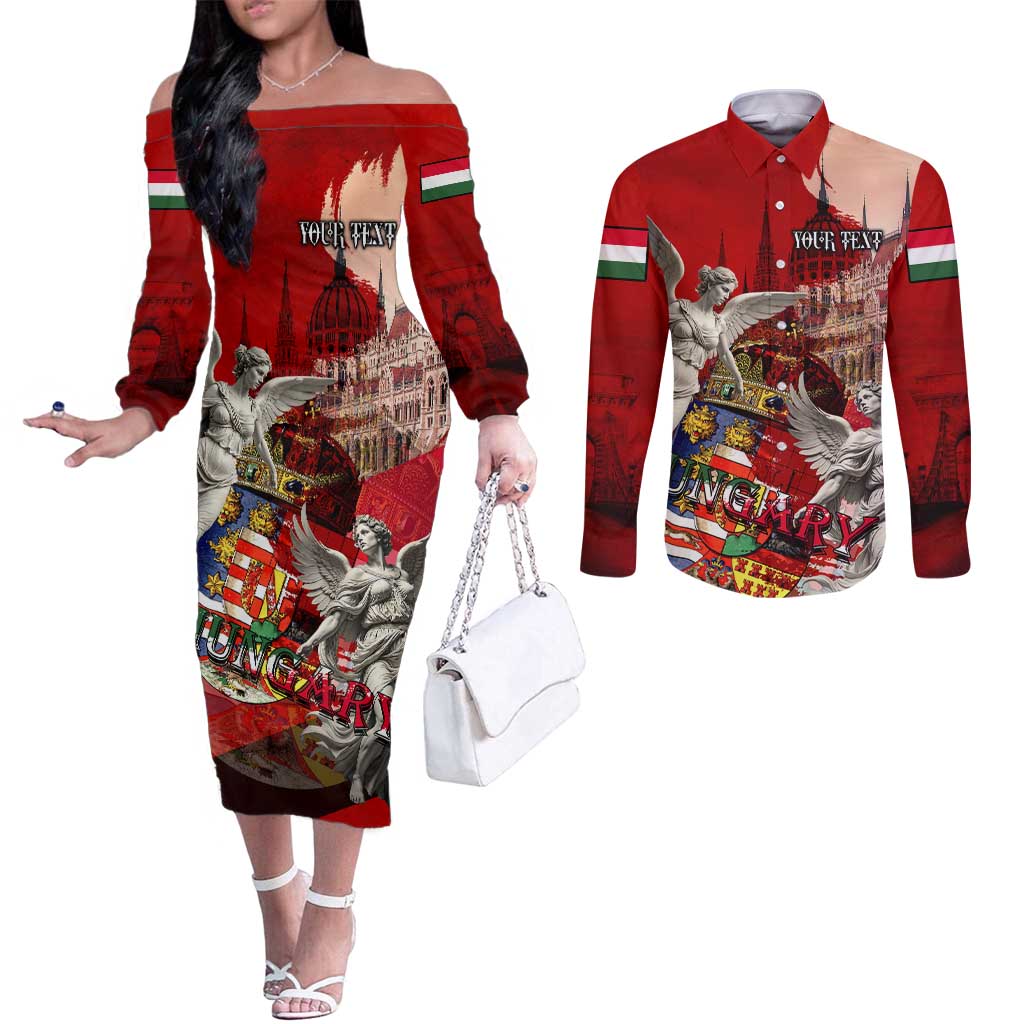 Hungary Couples Matching Off The Shoulder Long Sleeve Dress and Long Sleeve Button Shirt Crowned with History Guarded by Angels