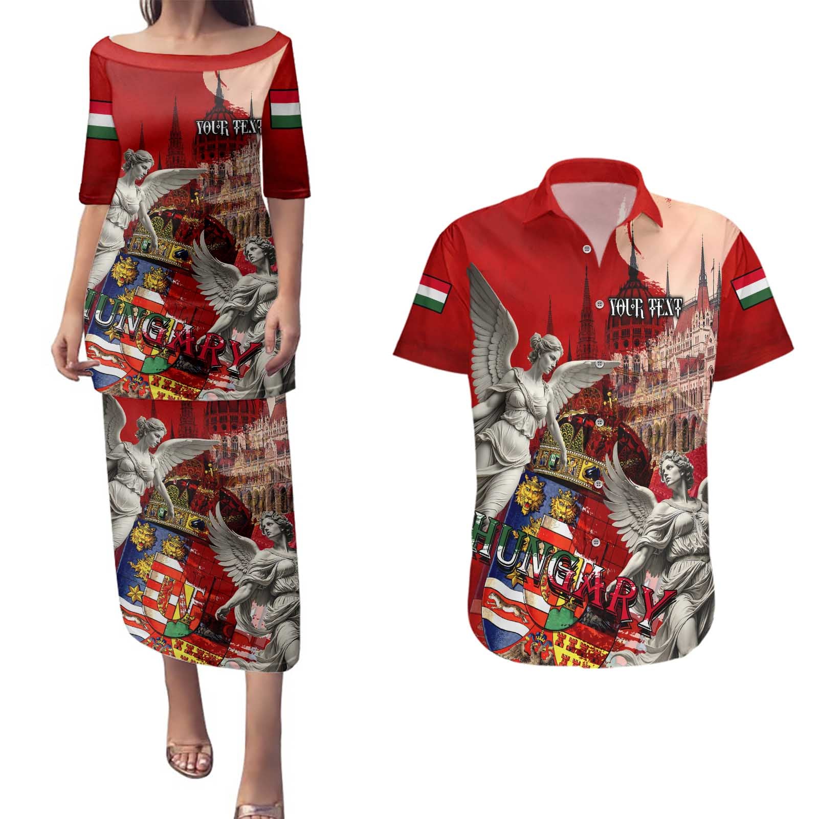 Hungary Couples Matching Puletasi and Hawaiian Shirt Crowned with History Guarded by Angels