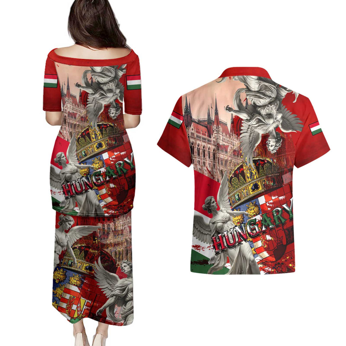 Hungary Couples Matching Puletasi and Hawaiian Shirt Crowned with History Guarded by Angels