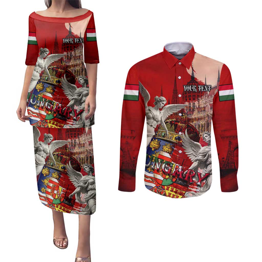 Hungary Couples Matching Puletasi and Long Sleeve Button Shirt Crowned with History Guarded by Angels