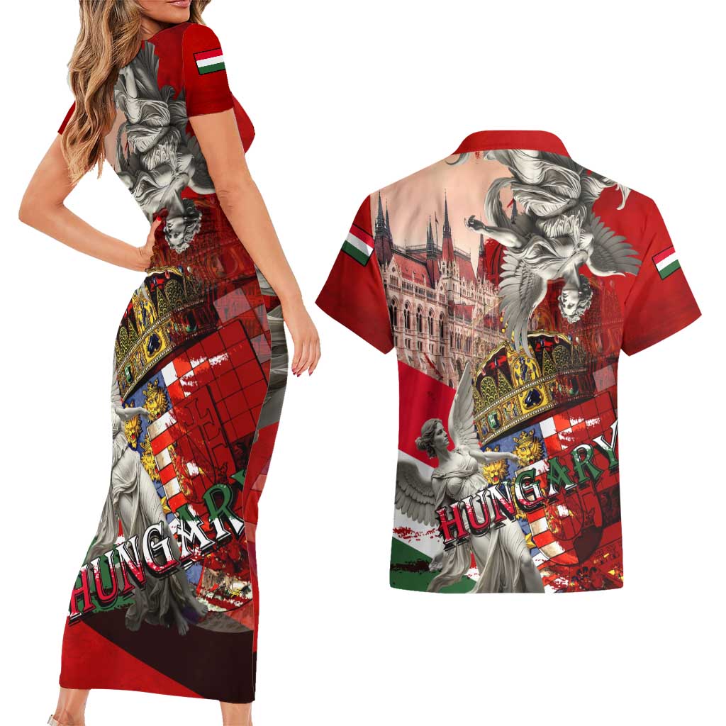 Hungary Couples Matching Short Sleeve Bodycon Dress and Hawaiian Shirt Crowned with History Guarded by Angels