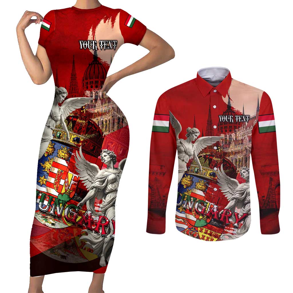 Hungary Couples Matching Short Sleeve Bodycon Dress and Long Sleeve Button Shirt Crowned with History Guarded by Angels