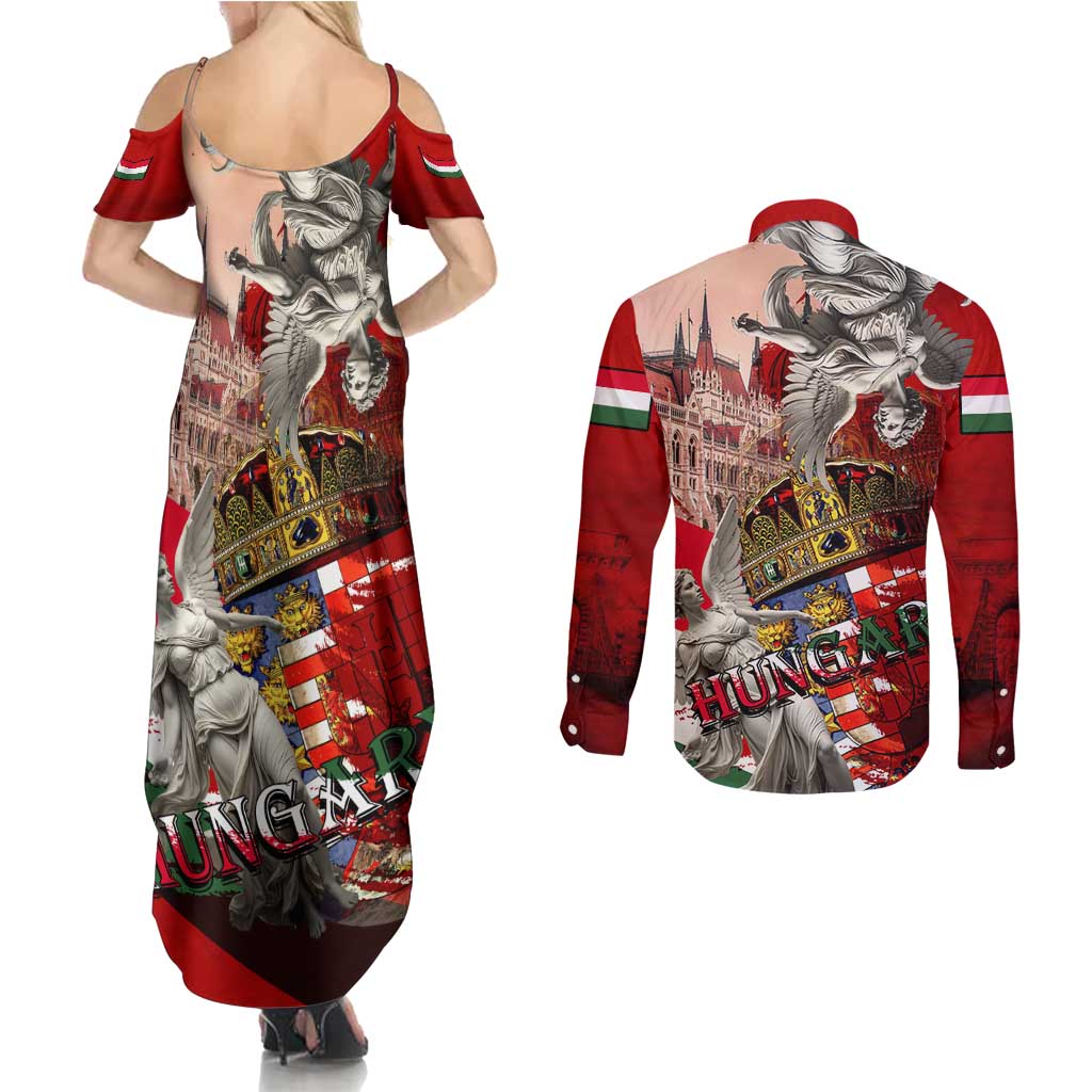 Hungary Couples Matching Summer Maxi Dress and Long Sleeve Button Shirt Crowned with History Guarded by Angels