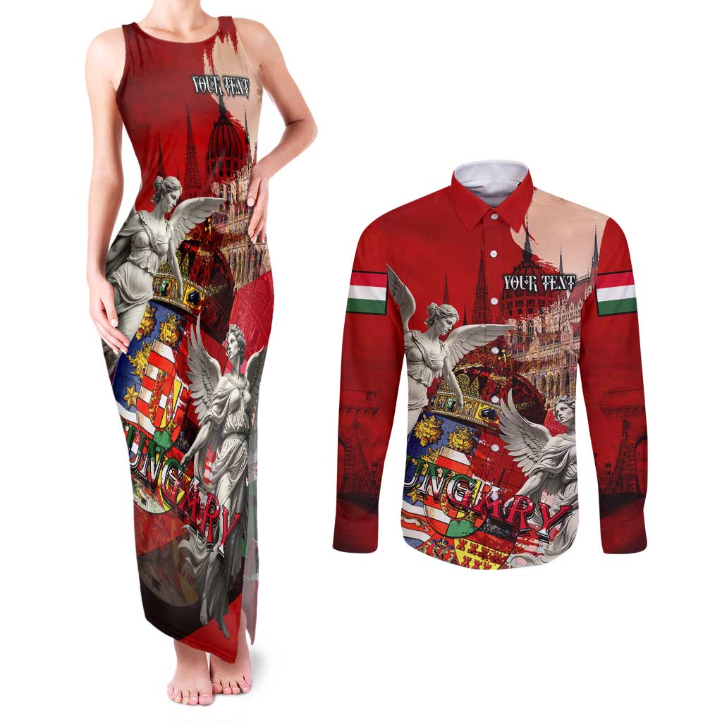 Hungary Couples Matching Tank Maxi Dress and Long Sleeve Button Shirt Crowned with History Guarded by Angels