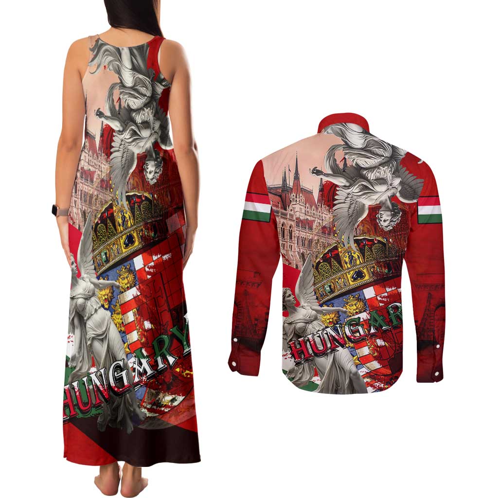 Hungary Couples Matching Tank Maxi Dress and Long Sleeve Button Shirt Crowned with History Guarded by Angels