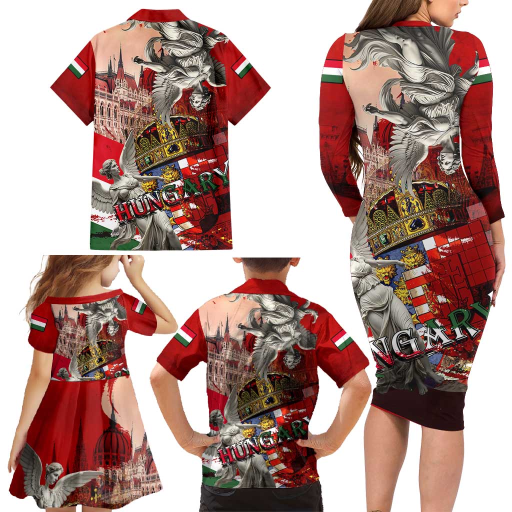 Hungary Family Matching Long Sleeve Bodycon Dress and Hawaiian Shirt Crowned with History Guarded by Angels