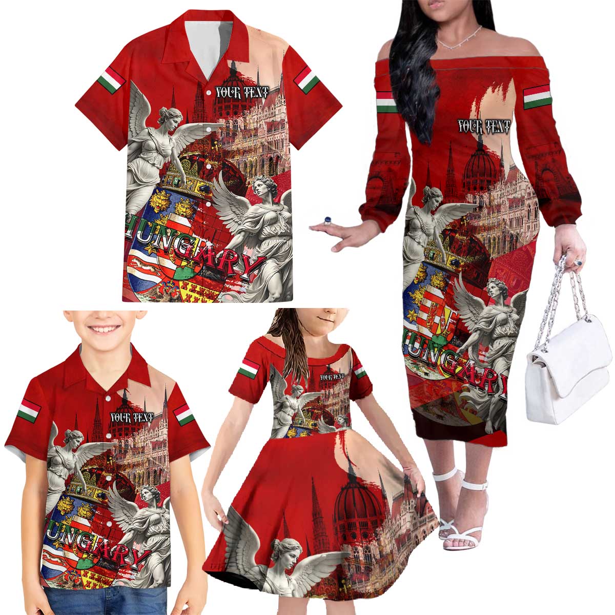 Hungary Family Matching Off The Shoulder Long Sleeve Dress and Hawaiian Shirt Crowned with History Guarded by Angels