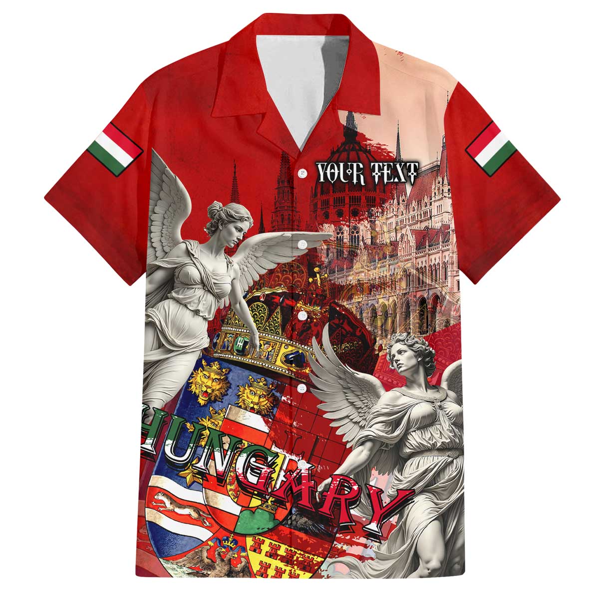 Hungary Family Matching Off The Shoulder Long Sleeve Dress and Hawaiian Shirt Crowned with History Guarded by Angels