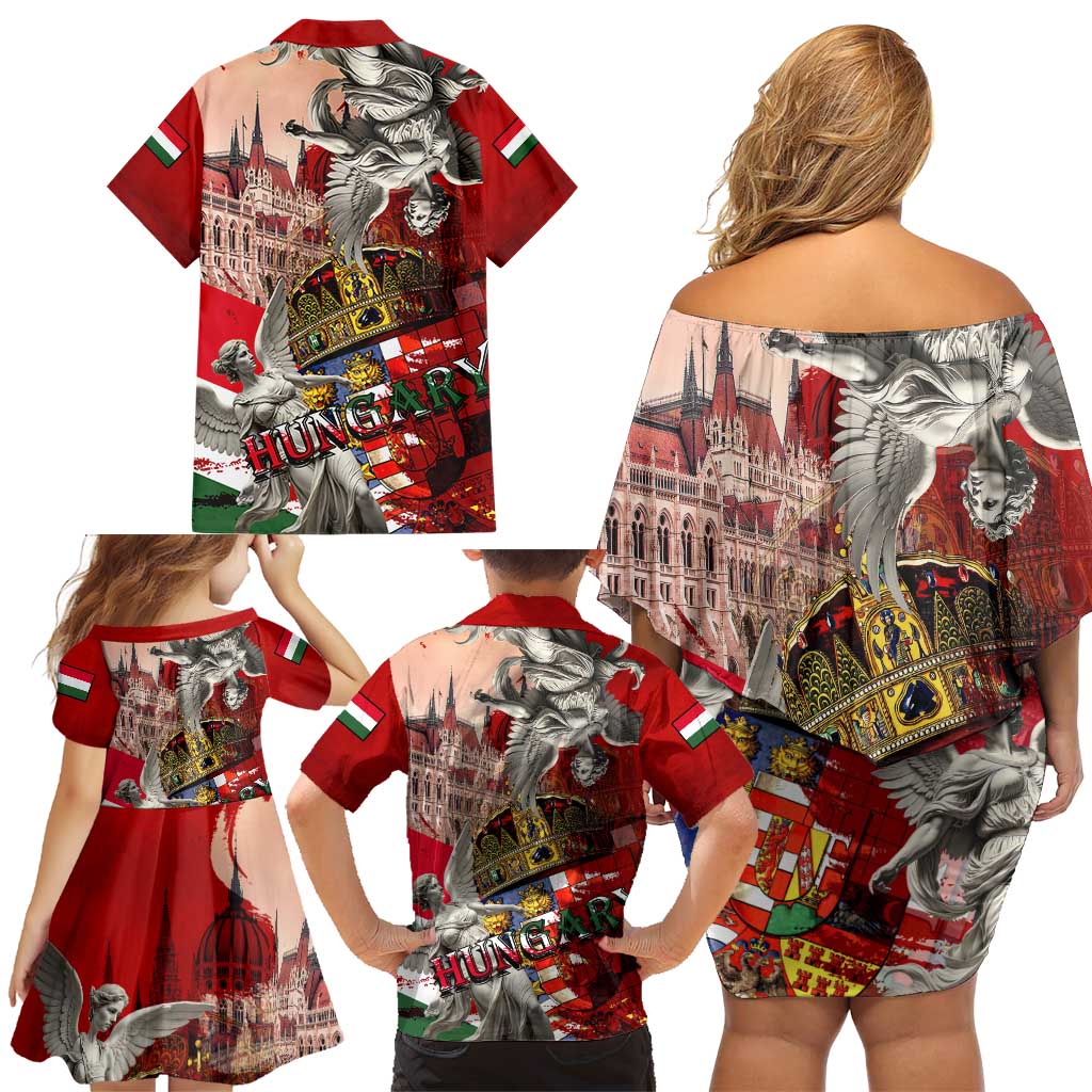 Hungary Family Matching Off Shoulder Short Dress and Hawaiian Shirt Crowned with History Guarded by Angels