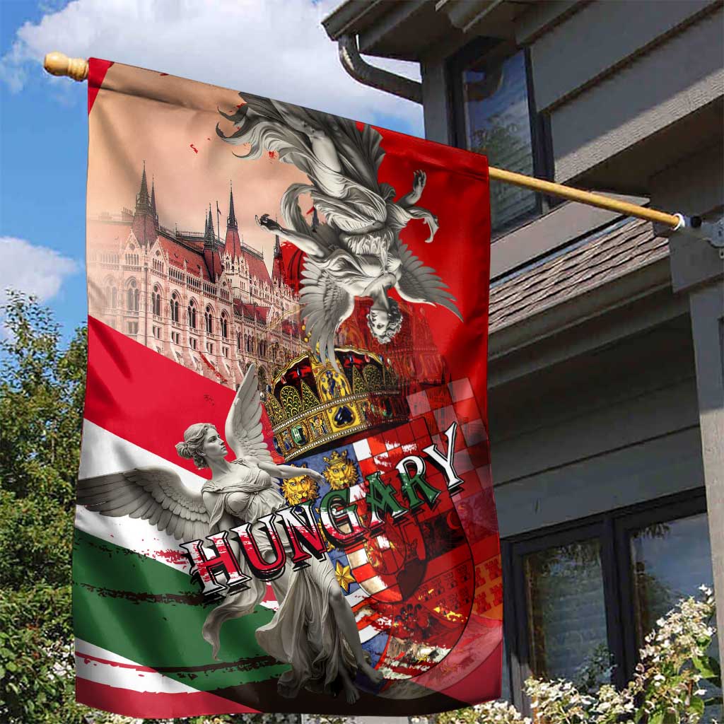 Hungary Garden Flag Crowned with History Guarded by Angels