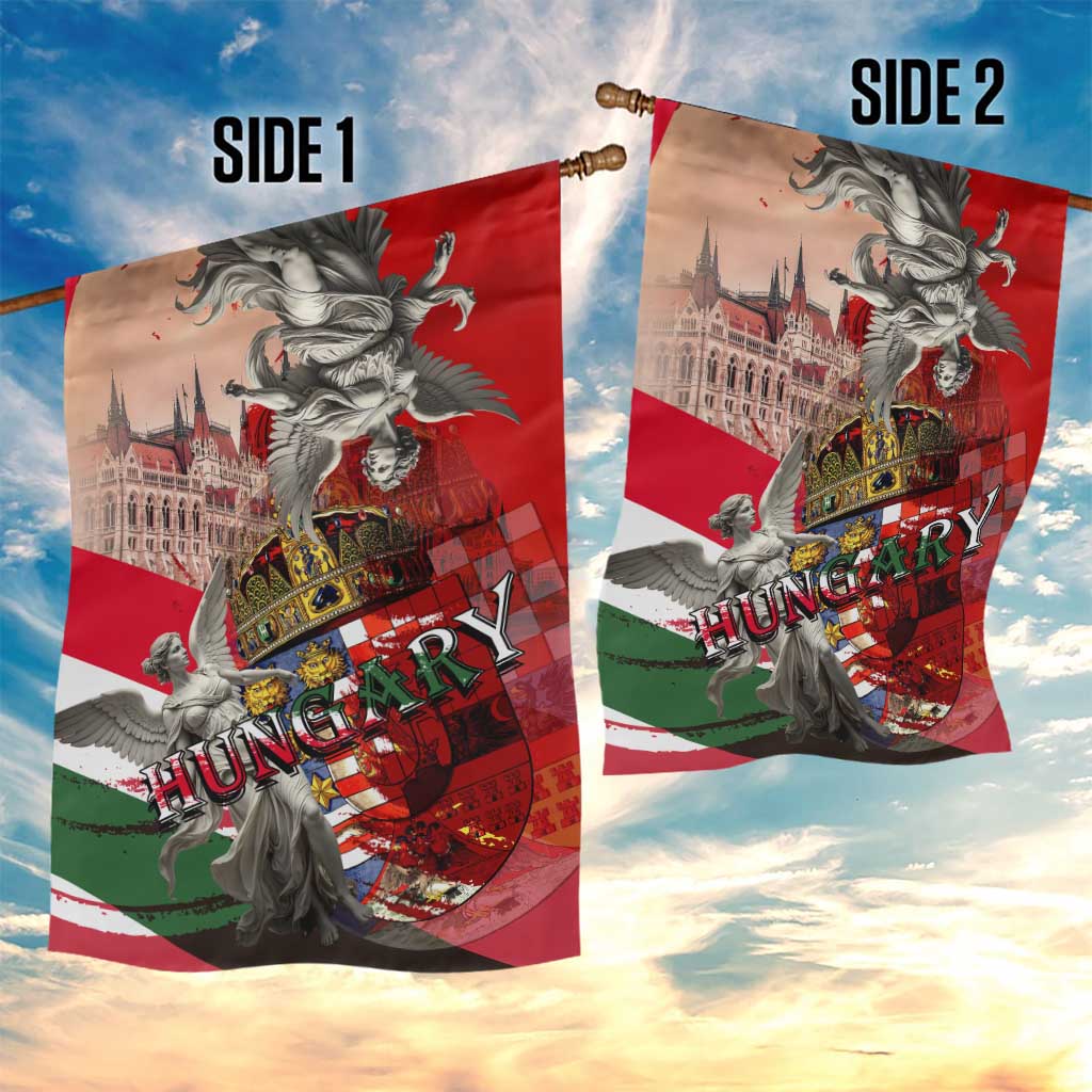 Hungary Garden Flag Crowned with History Guarded by Angels