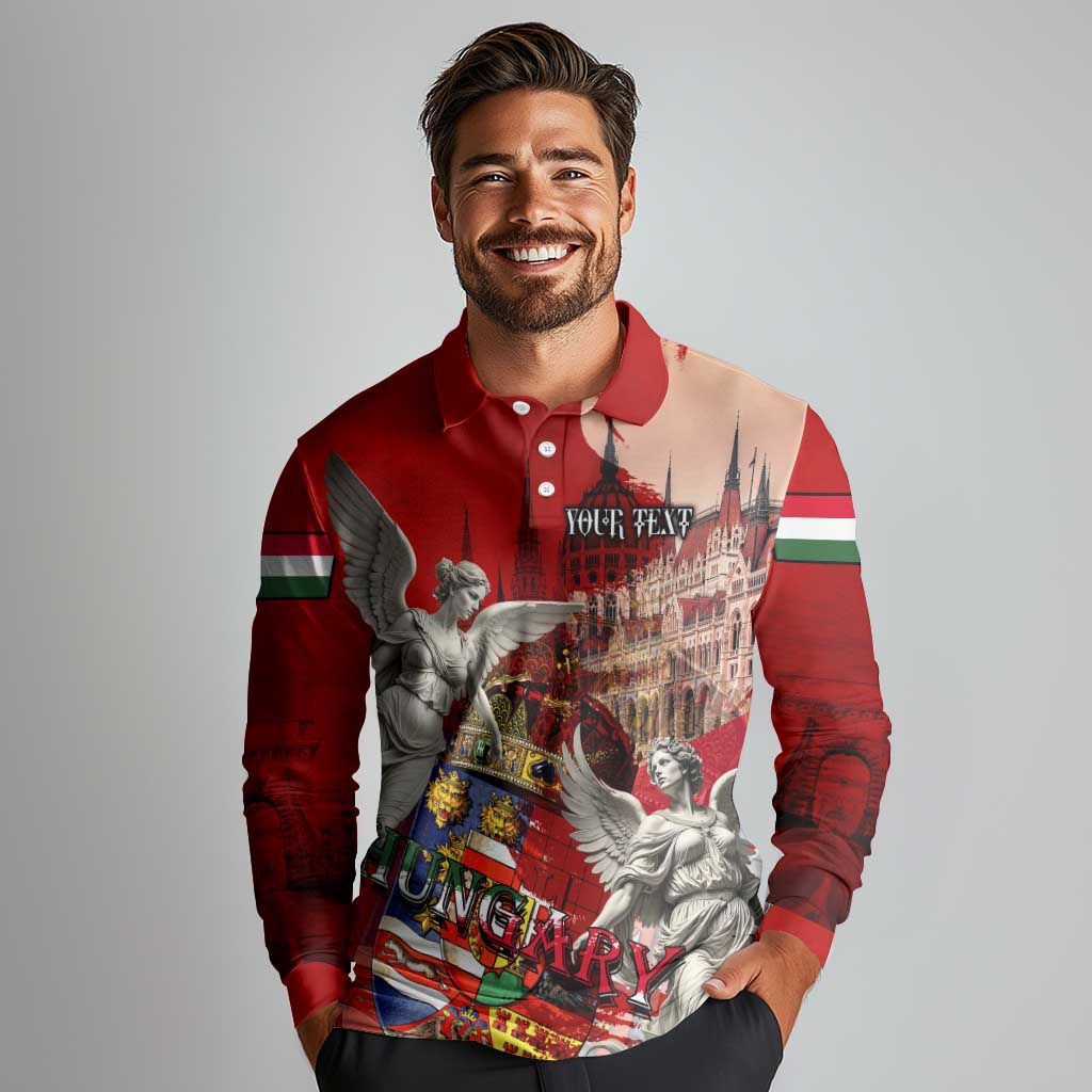 Hungary Long Sleeve Polo Shirt Crowned with History Guarded by Angels