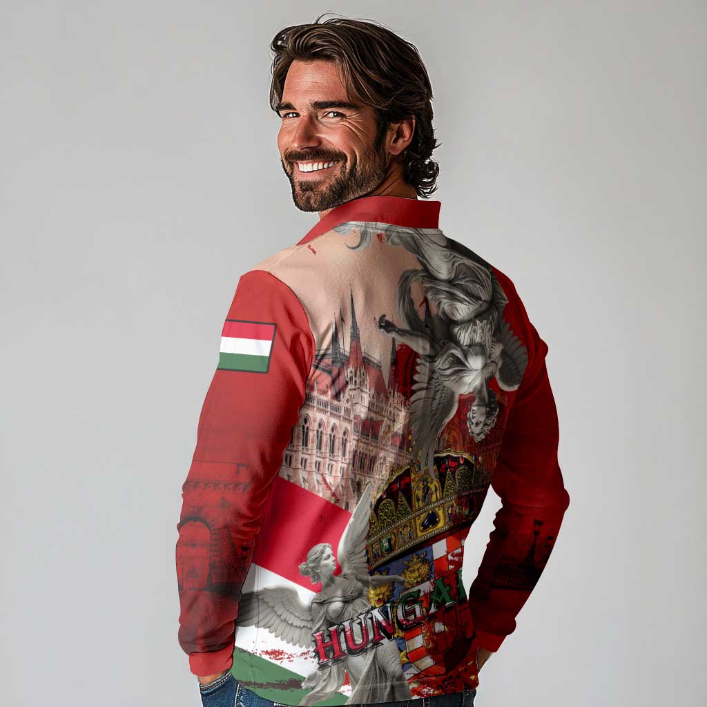 Hungary Long Sleeve Polo Shirt Crowned with History Guarded by Angels