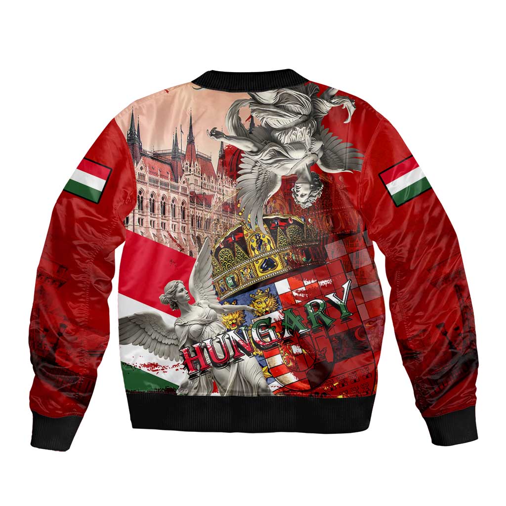 Hungary Sleeve Zip Bomber Jacket Crowned with History Guarded by Angels