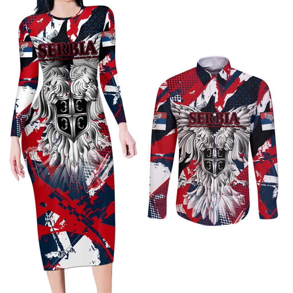 Serbia Couples Matching Long Sleeve Bodycon Dress and Long Sleeve Button Shirt Like the Phoenix – Rising from Ashes with Pride and Power