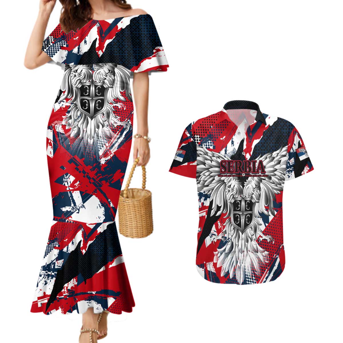 Serbia Couples Matching Mermaid Dress and Hawaiian Shirt Like the Phoenix – Rising from Ashes with Pride and Power