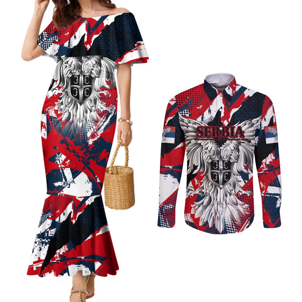 Serbia Couples Matching Mermaid Dress and Long Sleeve Button Shirt Like the Phoenix – Rising from Ashes with Pride and Power