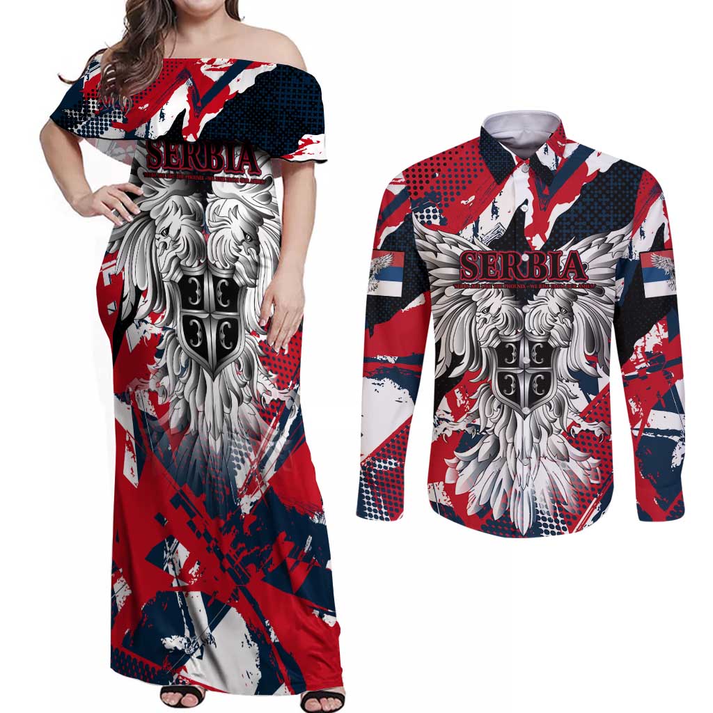 Serbia Couples Matching Off Shoulder Maxi Dress and Long Sleeve Button Shirt Like the Phoenix – Rising from Ashes with Pride and Power