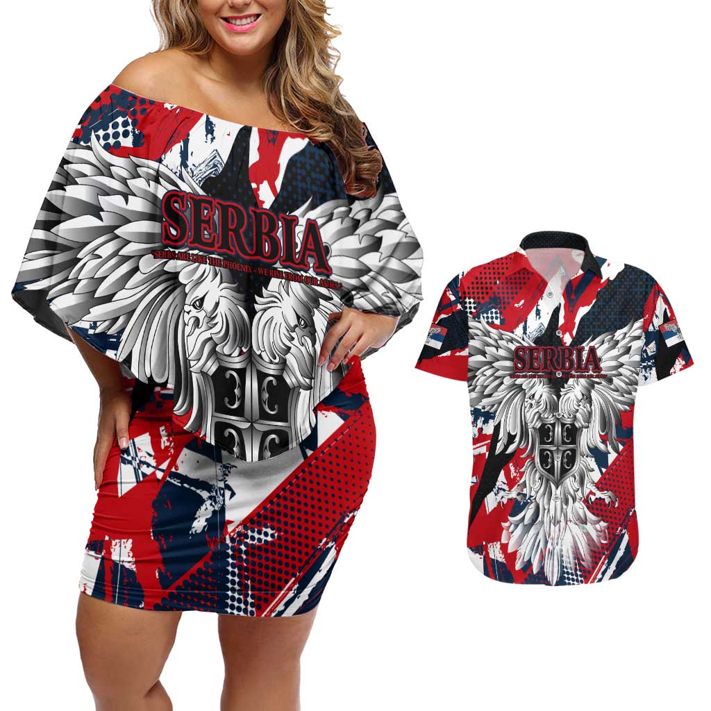 Serbia Couples Matching Off Shoulder Short Dress and Hawaiian Shirt Like the Phoenix – Rising from Ashes with Pride and Power