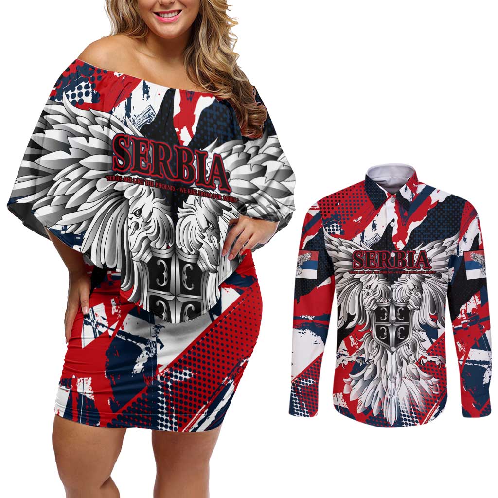 Serbia Couples Matching Off Shoulder Short Dress and Long Sleeve Button Shirt Like the Phoenix – Rising from Ashes with Pride and Power
