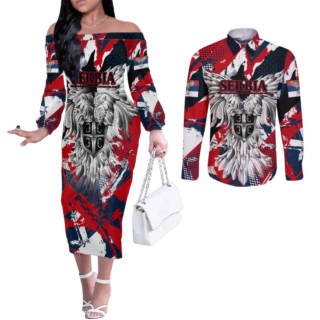 Serbia Couples Matching Off The Shoulder Long Sleeve Dress and Long Sleeve Button Shirt Like the Phoenix – Rising from Ashes with Pride and Power
