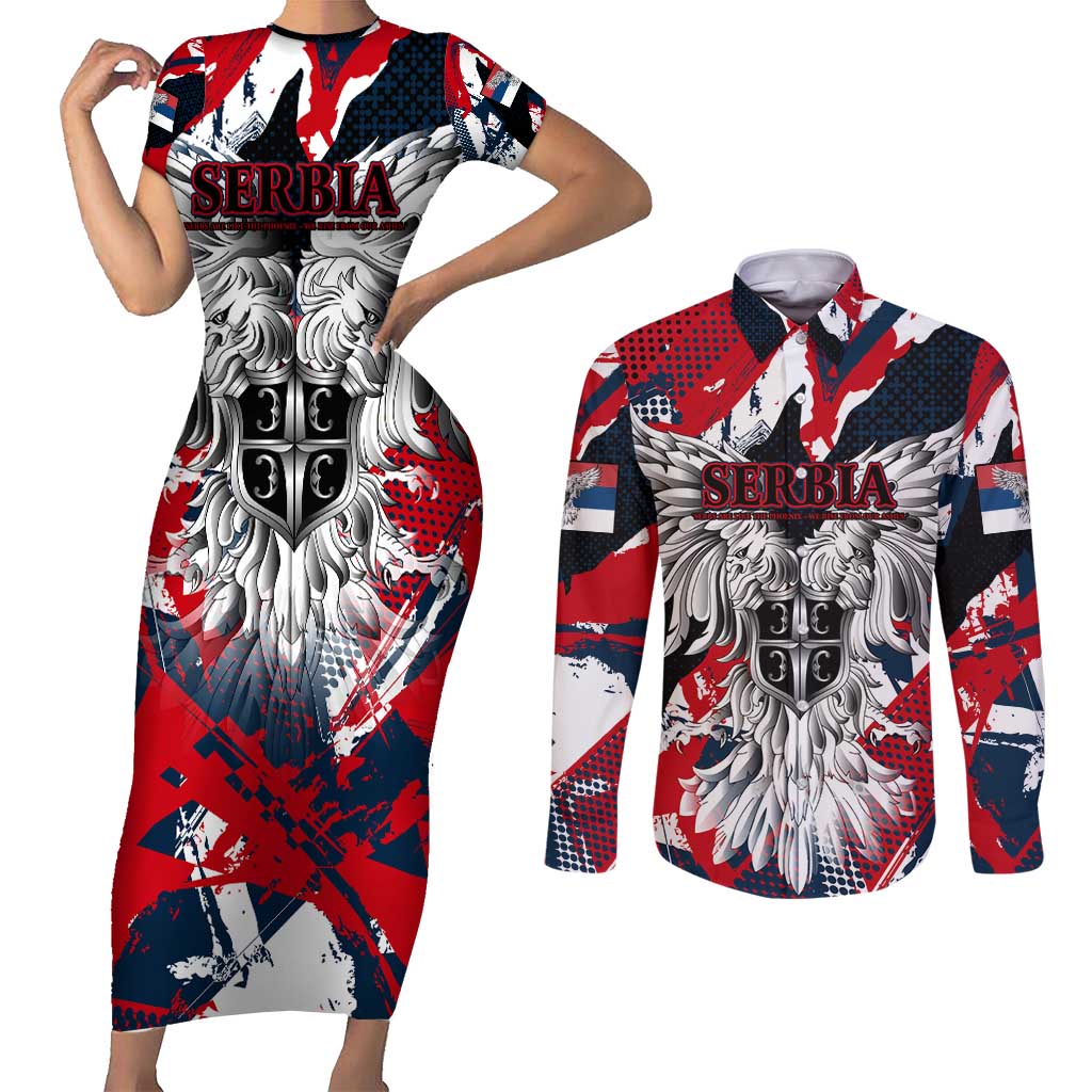 Serbia Couples Matching Short Sleeve Bodycon Dress and Long Sleeve Button Shirt Like the Phoenix – Rising from Ashes with Pride and Power