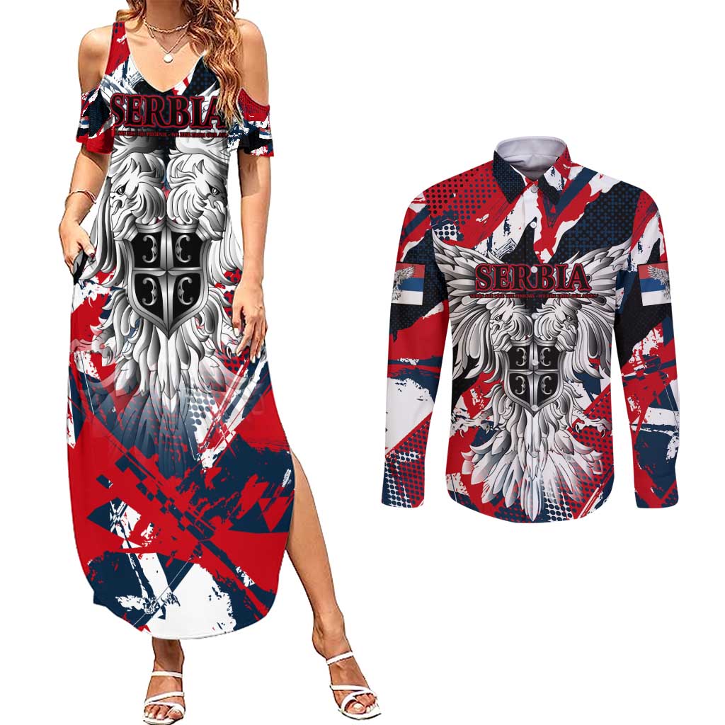 Serbia Couples Matching Summer Maxi Dress and Long Sleeve Button Shirt Like the Phoenix – Rising from Ashes with Pride and Power