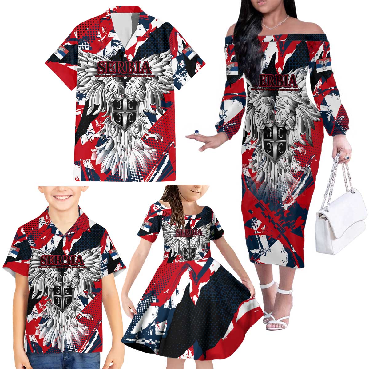 Serbia Family Matching Off The Shoulder Long Sleeve Dress and Hawaiian Shirt Like the Phoenix – Rising from Ashes with Pride and Power