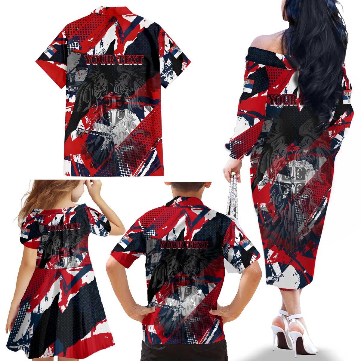 Serbia Family Matching Off The Shoulder Long Sleeve Dress and Hawaiian Shirt Like the Phoenix – Rising from Ashes with Pride and Power