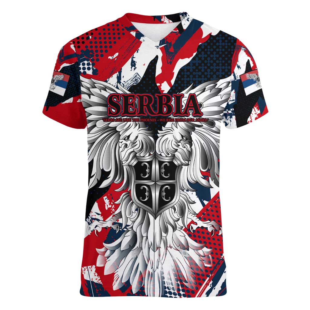 Serbia Women V-Neck T-Shirt Like the Phoenix – Rising from Ashes with Pride and Power
