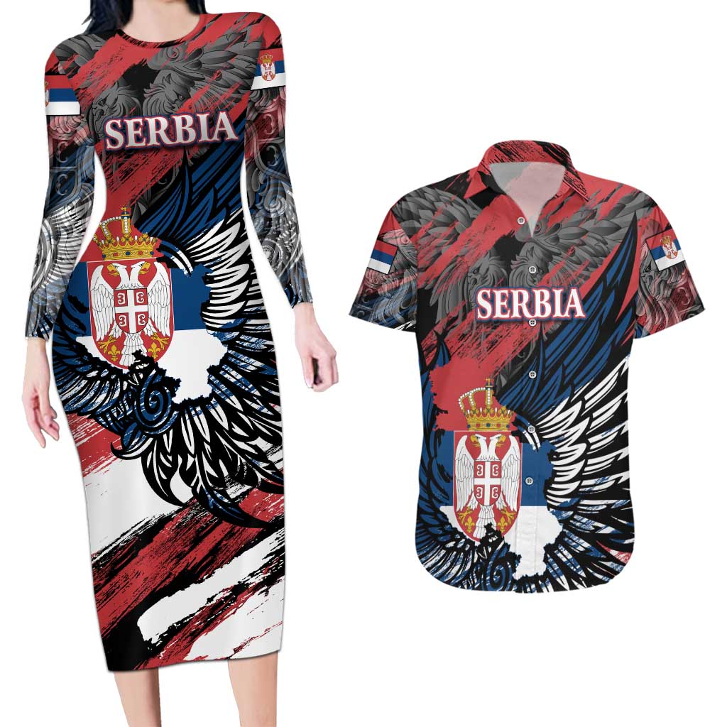 Serbia Couples Matching Long Sleeve Bodycon Dress and Hawaiian Shirt Wings of the Nation Crown of Heritage
