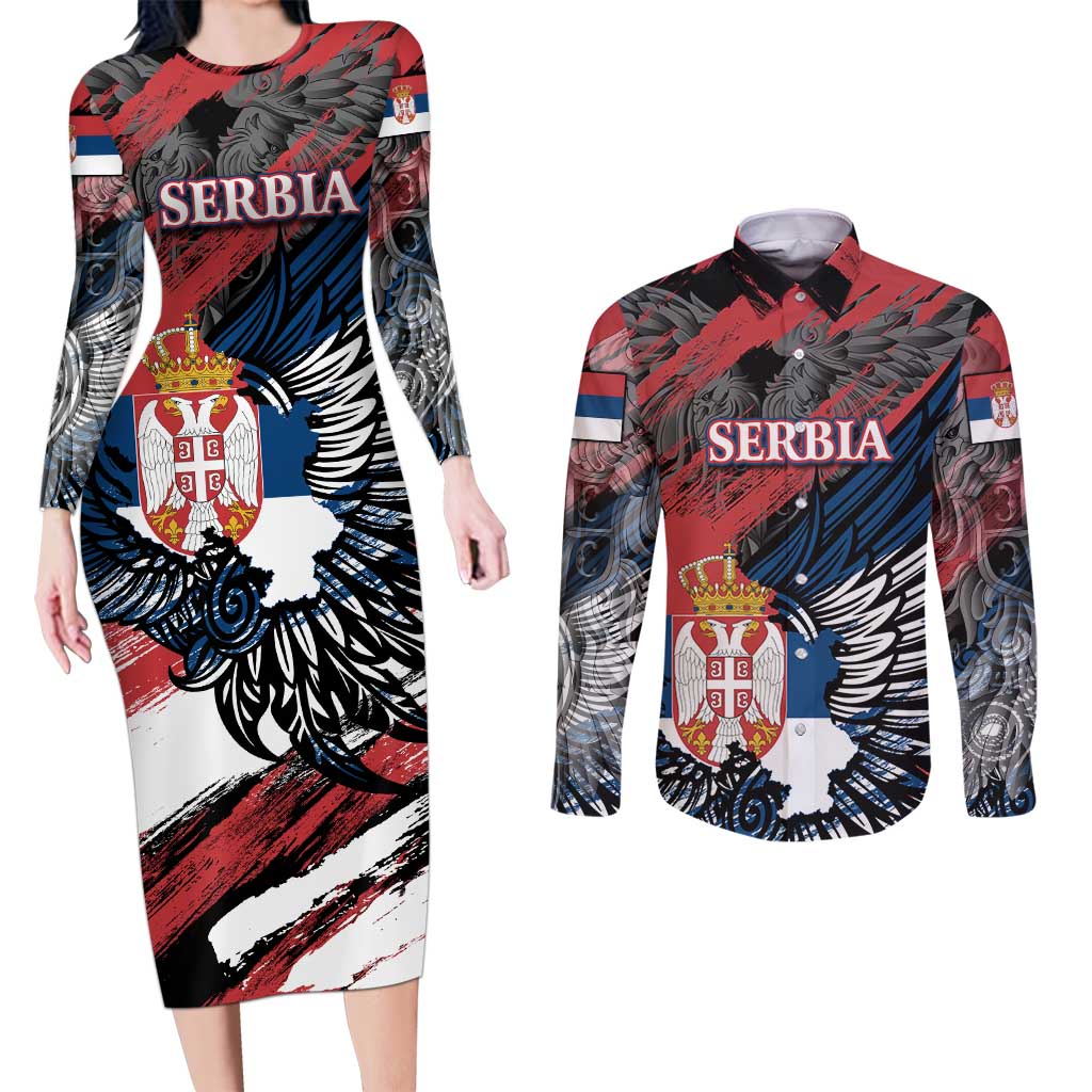 Serbia Couples Matching Long Sleeve Bodycon Dress and Long Sleeve Button Shirt Wings of the Nation Crown of Heritage