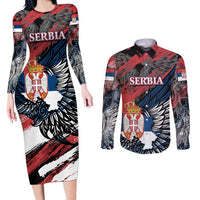 Serbia Couples Matching Long Sleeve Bodycon Dress and Long Sleeve Button Shirt Wings of the Nation Crown of Heritage