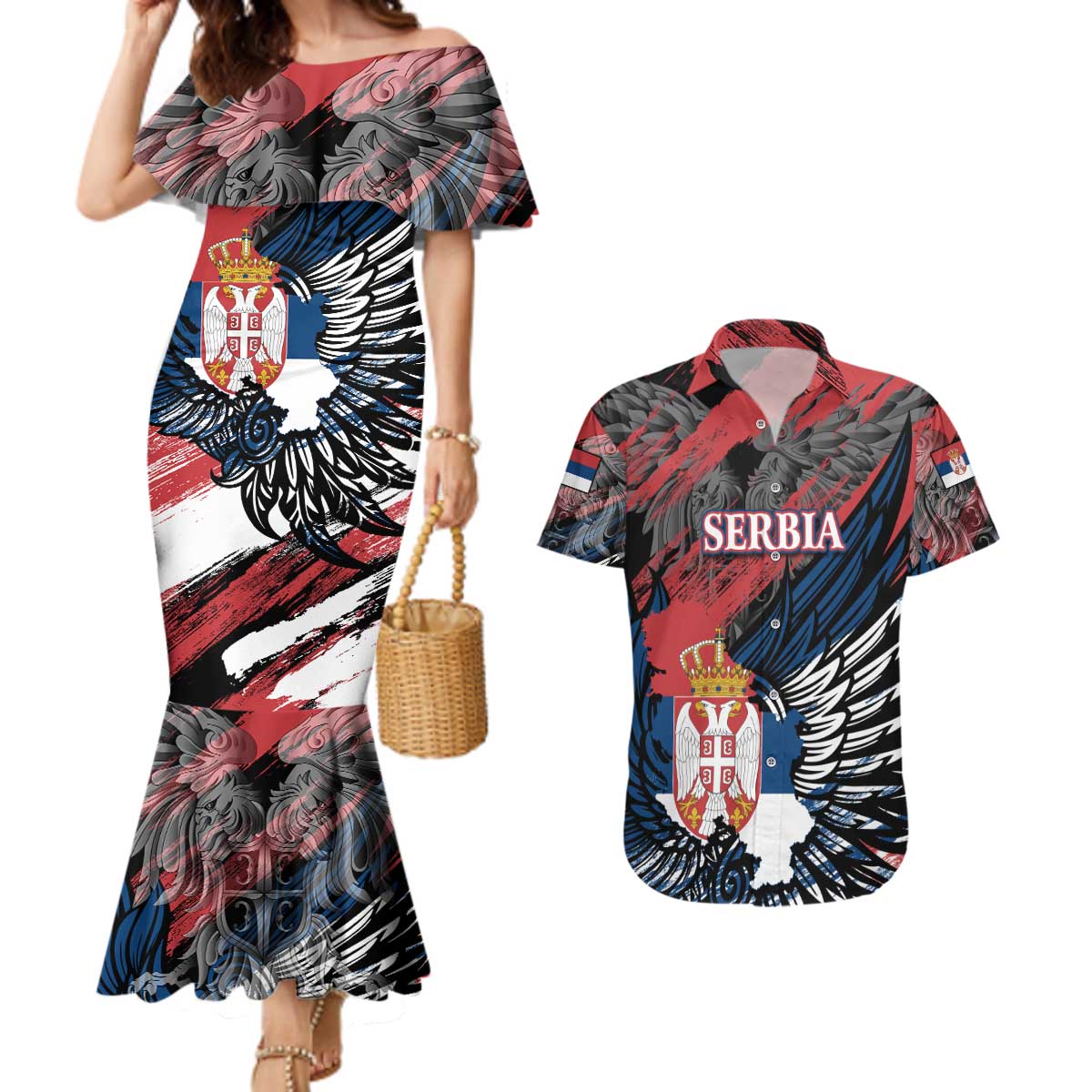 Serbia Couples Matching Mermaid Dress and Hawaiian Shirt Wings of the Nation Crown of Heritage