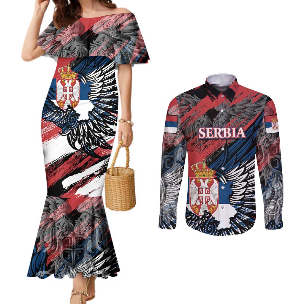 Serbia Couples Matching Mermaid Dress and Long Sleeve Button Shirt Wings of the Nation Crown of Heritage
