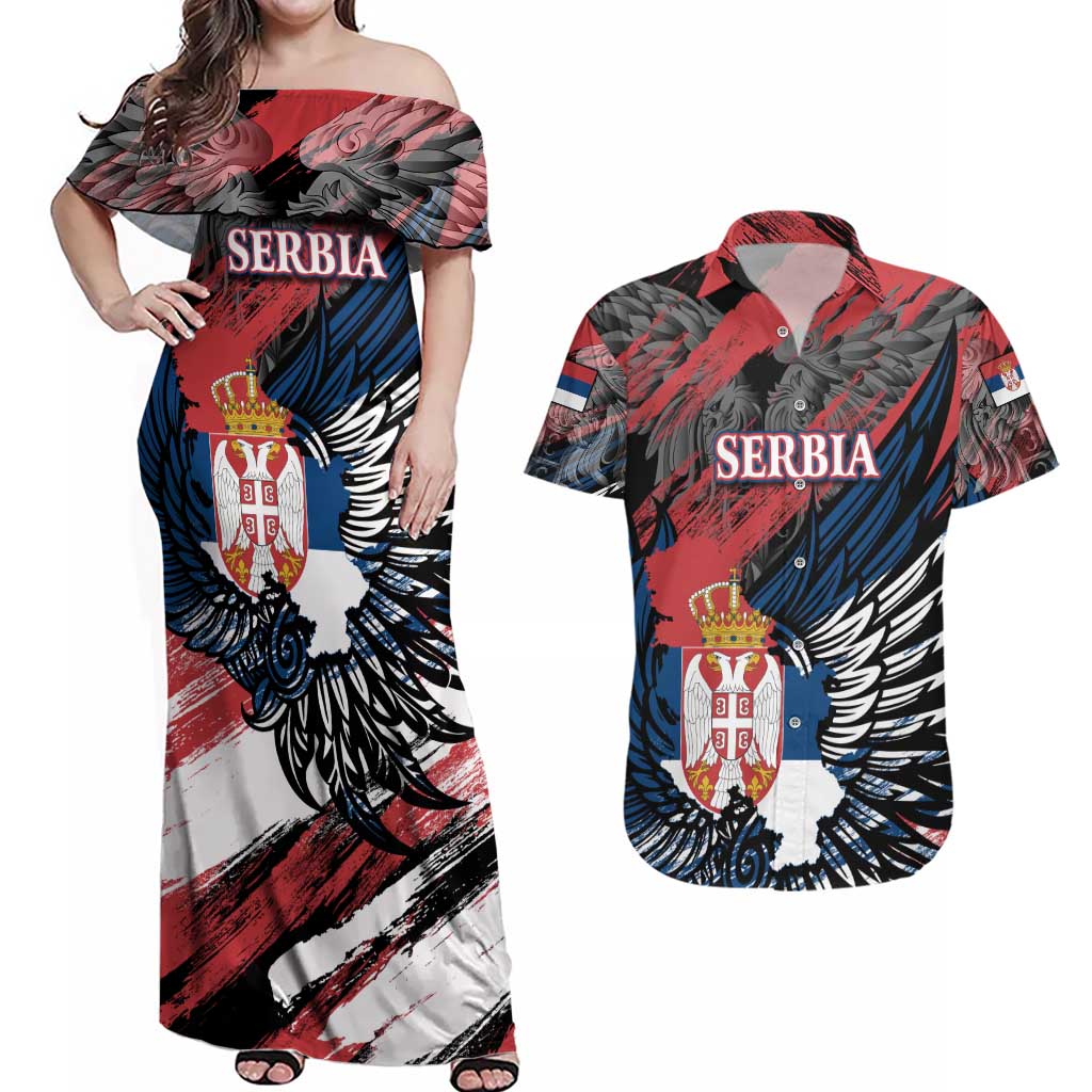 Serbia Couples Matching Off Shoulder Maxi Dress and Hawaiian Shirt Wings of the Nation Crown of Heritage