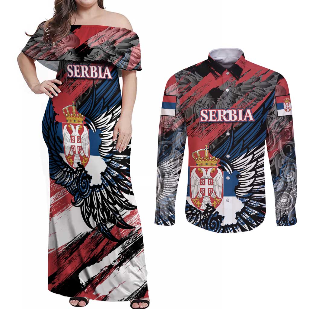 Serbia Couples Matching Off Shoulder Maxi Dress and Long Sleeve Button Shirt Wings of the Nation Crown of Heritage