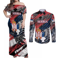 Serbia Couples Matching Off Shoulder Maxi Dress and Long Sleeve Button Shirt Wings of the Nation Crown of Heritage
