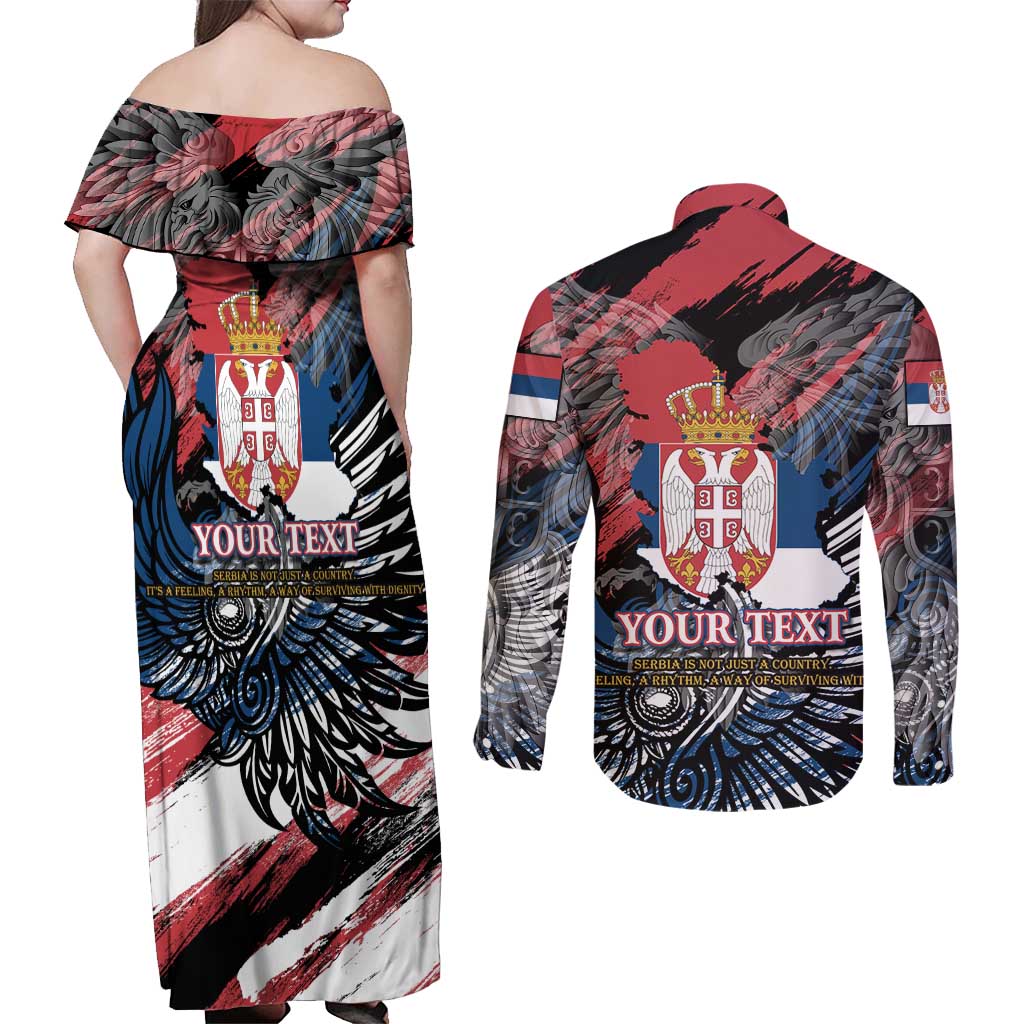 Serbia Couples Matching Off Shoulder Maxi Dress and Long Sleeve Button Shirt Wings of the Nation Crown of Heritage